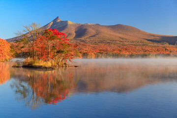 秋の大沼確定公園紅葉の大沼と北海道駒ケ岳