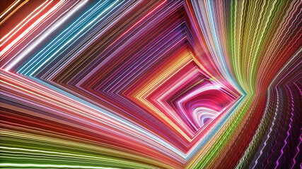3d render of hyperspace tunnel, abstract geometric background. Colorful spectrum of bright neon rays and glowing lines