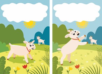 Goats frolic in the meadow. Sunny day. Illustration on the theme of ecology. Cheerful mood in the village. Farm postcard in the field. Bright sunshine and lots of greenery. Large and young animals. 