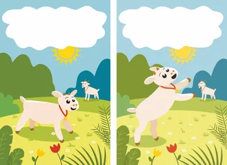 Foto op Plexiglas Goats frolic in the meadow. Sunny day. Illustration on the theme of ecology. Cheerful mood in the village. Farm postcard in the field. Bright sunshine and lots of greenery. Large and young animals.  © Dubs Studio