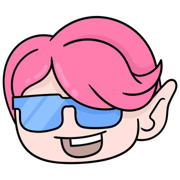 Pink Haired Boy Head Wearing Blue Glasses, Doodle Icon Drawing