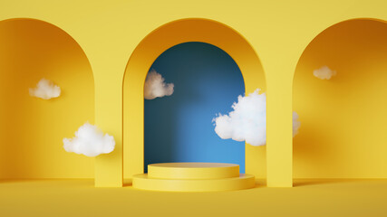 3d render, abstract background with blue sky inside the arch windows on the yellow wall. White clouds fly inside the room - obrazy, fototapety, plakaty