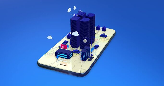 Cartoon Isometric 3D Smart City Concept. Futuristic Life On Smart Tablet At Night. Perfect Loop. Technology Related 3D 4K Motion Graphics.