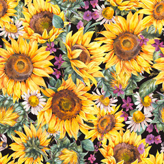 Fototapeta na wymiar Watercolor sunflowers summer vintage seamless pattern. Natural yellow floral texture