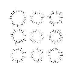 Star burst hand drawn doodles. Sunburst graphic design set. Handmade radial starburst illustrations.