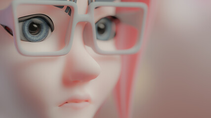 Girl wearing glasses feeling sad and worried, Close-Up selective focus on eyes. Expression of the cartoon character. Pink pastel tone background, 3D Render