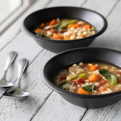 Two bowls of chicken vegetable and couscous soup on a wooden table, ready for eating.