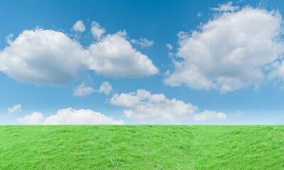 Green grass field and blue sky with clouds background.