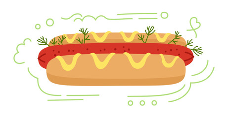 Hotdog American Fast food. Hand drawn cartoon hot dog bun, mustard salad and greens. Menu delicious fast food for menu, poster, card, banner, flyer. Tasty unhealthy lunch. Vector illustration