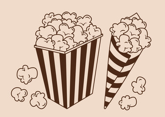 Popcorn cartoon vintage set. Box and horn popcorn. Cinema concept, watching movie. Takeaway food, fast food snack cinema poster. Flat style classic striped cardboard, junk food menu. Hand drawn vector
