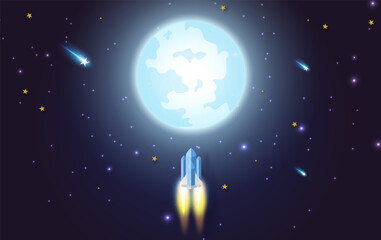  rocket flying in the star to the full moon. Paper art and craft style design. illustration for business startup concept on dark night background for poster or banner. Space rocket launch and galaxy.