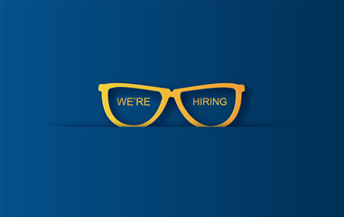 Hiring and recruitment poster concept. Design Paper art and craft with minimalist blue color tone style glasses, job advertisement, Recruitment poster or banner vector concept in mimimalist Symbol.