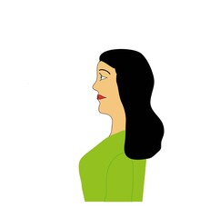 Illustration of a beautiful woman in profile with long black hair, isolated on a white background. Fashionable modern flat design style.