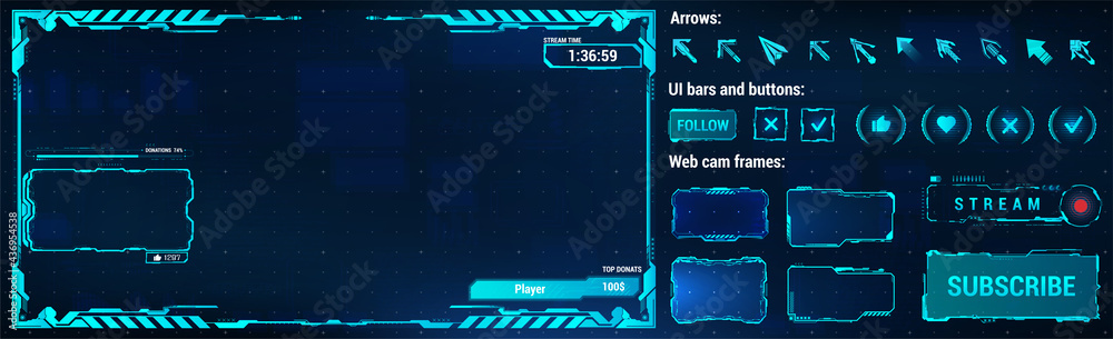 Poster Streamdps constructor. Overlay futuristic frame for broadcast. Frame on the contour of the screen and webcam in HUD style. Stream dps UI, UX and GUI. Overlay broadcast box - Donates, windows, buttons