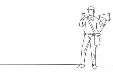Continuous one line drawing postman standing in a hat, sling bag, uniform, holding envelope, and with gesture okay delivering mail to home address. Single line draw design vector graphic illustration
