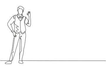 Single one line drawing of steward stands in uniform with gesture okay prepare at the airport with the crew flying to their destination. Modern continuous line draw design graphic vector illustration