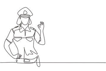 Single continuous line drawing policewoman with gesture okay and full uniform ready to enforce traffic discipline on highway. Standby patrol. Dynamic one line draw graphic design vector illustration