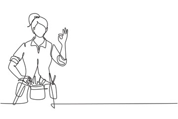 Continuous one line drawing handywoman with gesture okay ready to work on repairing the damaged part of house. Professional work. Success business. Single line draw design vector graphic illustration