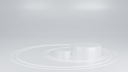 White 3d rendering or mockup cylinder podium for branding, packaging and cosmetic product presentation. Minimal geometric shapes. Stage showcase on pedestal 3d white studio premium background