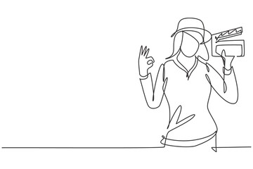 Single one line drawing female film director with gesture okay holding clapperboard and set crew for studio shooting. Professional work. Modern continuous line draw design graphic vector illustration - obrazy, fototapety, plakaty