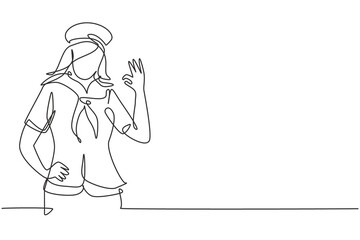 Single one line drawing sailor woman with gesture okay and scarf around his neck ready sail across seas in a ship headed by captain. Modern continuous line draw design graphic vector illustration