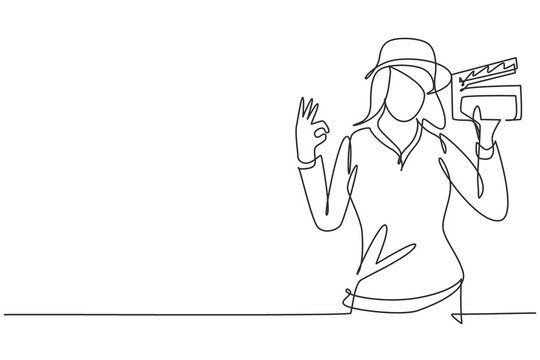 Single One Line Drawing Female Film Director With Gesture Okay Holding Clapperboard And Set Crew For Studio Shooting. Professional Work. Modern Continuous Line Draw Design Graphic Vector Illustration