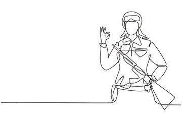 Single continuous line drawing female soldiers with weapon, uniform, gesture okay is ready to defend the country on battlefield against enemy. Dynamic one line draw graphic design vector illustration