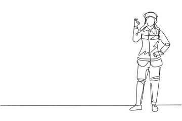 Single one line drawing female firefighter stood wearing helmet uniform with gesture okay and hand on waist work to extinguish fire at building. Continuous line draw design graphic vector illustration