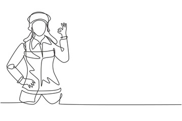 Single one line drawing female firefighter with uniform, gesture okay and hand on waist prepare to put out the fire that burned building. Modern continuous line draw design graphic vector illustration
