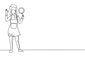 Single one line drawing female chef stands with gesture okay, holding pan and wear apron prepares ingredients to cook the best dishes. Modern continuous line draw design graphic vector illustration © Simple Line