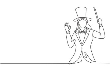 Single continuous line drawing female magician with gesture okay wearing hat and holding magic stick ready to entertain audience at television show. One line draw graphic design vector illustration - obrazy, fototapety, plakaty