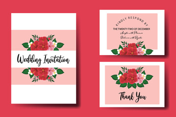 Wedding invitation frame set, floral watercolor hand drawn Red Hibiscus Flower design Invitation Card Template