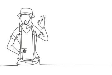Continuous one line drawing female mime artist with gesture okay and white face make-up puts on a silent motion comedy show at circus arena. Single line draw design vector graphic illustration