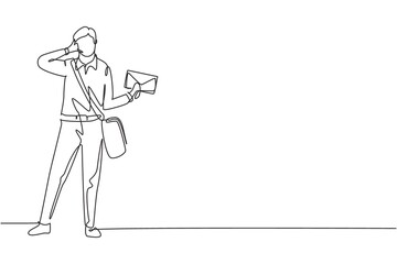 Single one line drawing postman standing in hat, sling bag, uniform, holding envelope, and with call me gesture delivering mail to home address. Continuous line draw design graphic vector illustration