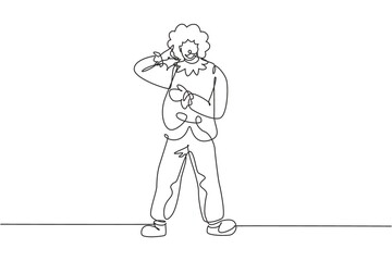 Single one line drawing clown stands with call me gesture wearing wig and clown costume ready to entertain audience in the circus arena. Modern continuous line draw design graphic vector illustration