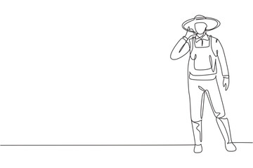 Single continuous line drawing farmer stood with call me gesture, wearing straw hat and uniform to plant crops on farmland. Success business. Dynamic one line draw graphic design vector illustration