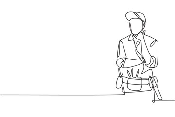 Single one line drawing handyman with call me gesture ready to work on repairing the damaged part of house. Professional work. Success business. Continuous line draw design graphic vector illustration