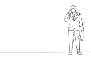 Single one line drawing architect stood with call me gesture and wearing helmet carrying blueprint for the building's work plan. Successful job. Continuous line draw design graphic vector illustration