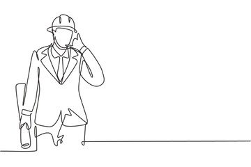 Continuous one line drawing architect with call me gesture and wearing helmet carried building construction drawing paper. Success business concept. Single line draw design vector graphic illustration