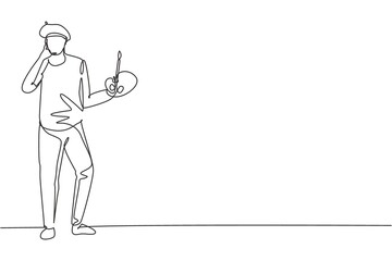 Single one line drawing artist painter stands with call me gesture using a hat and painting tools to produce artwork in workshop studio. Modern continuous line draw design graphic vector illustration