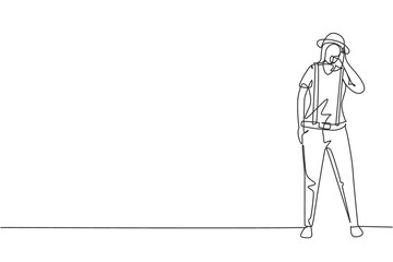 Single continuous line drawing female mime artist stands with call me gesture and white face make-up makes audience laugh with silent comedy. Dynamic one line draw graphic design vector illustration