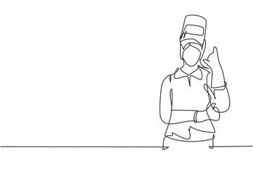 Single one line drawing female welder with call me gesture works in construction of building forming steel frame that is melted by fire. Modern continuous line draw design graphic vector illustration