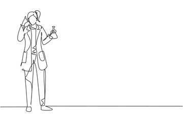 Continuous one line drawing female scientist stands with call me gesture and holding measuring tube filled with chemical liquid. Success business. Single line draw design vector graphic illustration