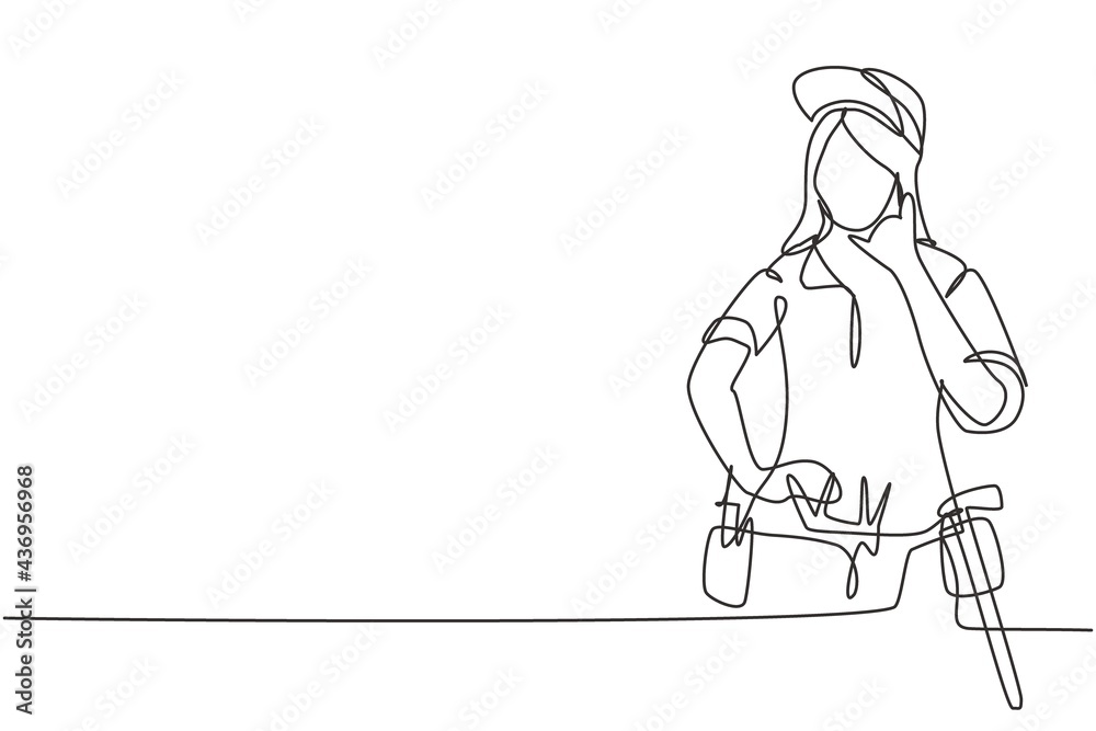 Wall mural Continuous one line drawing handywoman with call me gesture ready to work on repairing damaged part of house. Professional work. Success business. Single line draw design vector graphic illustration - Wall murals