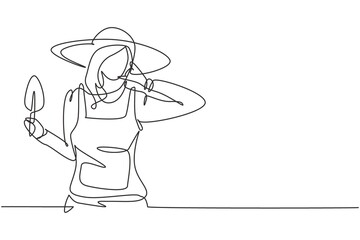 Single one line drawing female farmer with call me gesture wearing straw hat and carrying mini shovel to work on the farm. Success business. Continuous line draw design graphic vector illustration