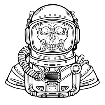 Animation Astronaut skeleton in a space suit. Monochrome drawing. Vector illustration isolated on a white background. Print, poster, t-shirt, card.