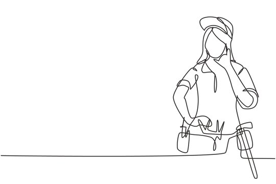 recommend clip art: Continuous one line drawing handywoman with call me gesture ready to work on repairing damaged part of house. Professional work. Success business. Single line draw design vector graphic illustration