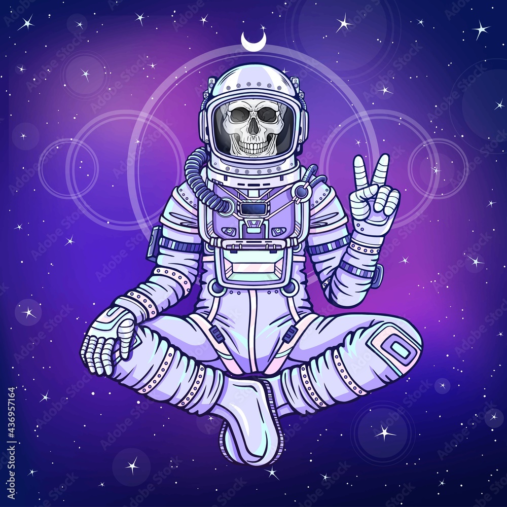 Wall mural animation figure of the astronaut skeleton sitting in buddha pose. meditation in space. color drawin