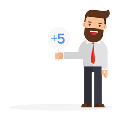 Businessman holds a sign with text plus five
