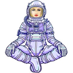 Obraz premium Animation figure of the woman astronaut sitting in a Buddha pose. Meditation in space. Color drawing. Vector illustration isolated on a white background. Print, poster, t-shirt, card.